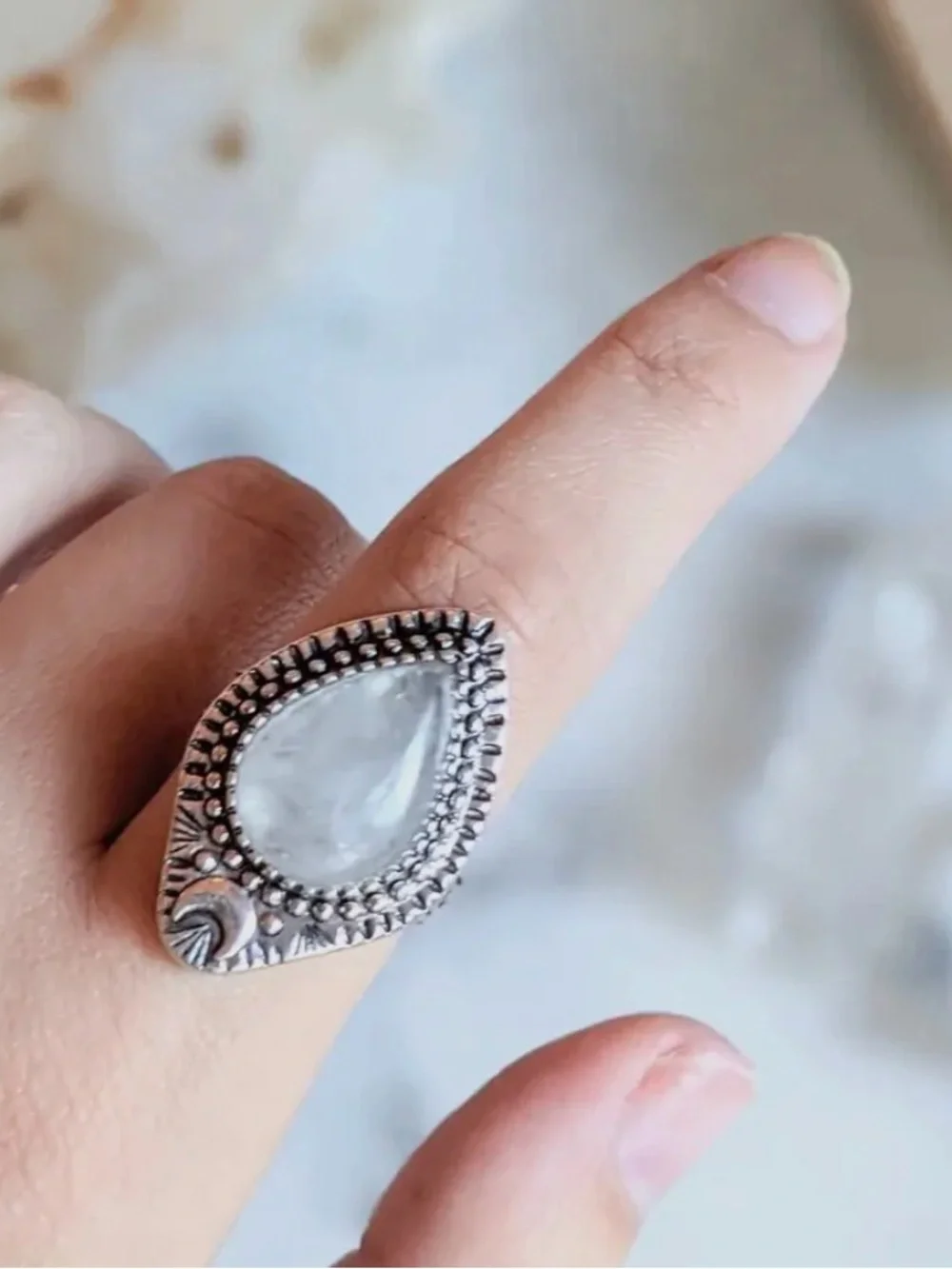 Clear Quartz Boho Silver Adjustable Ring